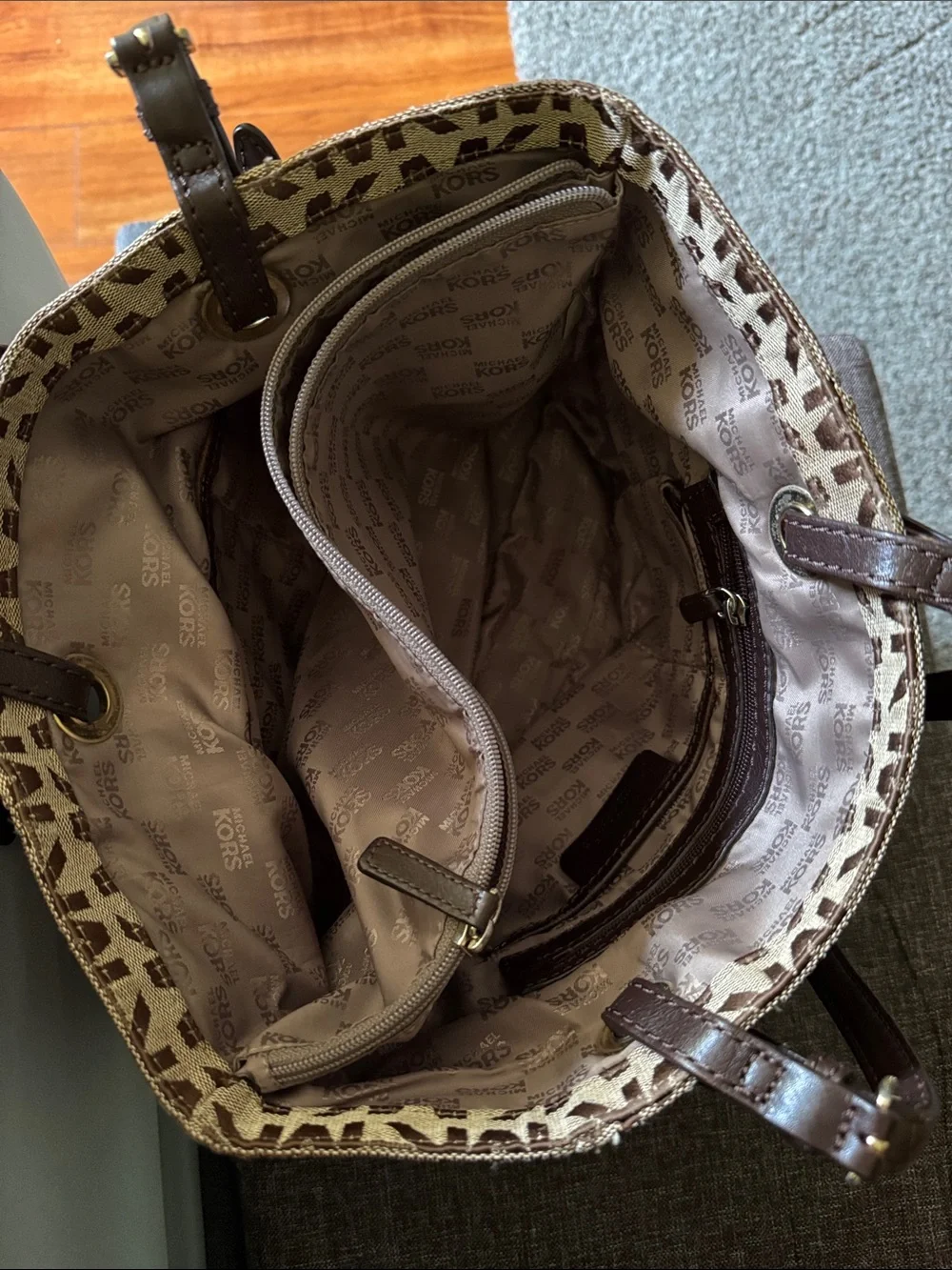 Michael Kors Brown/Beige MK Monogram Tote with Gold Charm